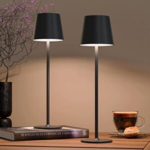 2 Pack Rechargeable Table Lamp Battery Operated Cordless Table Lamps with 3 Colors Stepless Dimming, Desk Night Light for Restaurant, Patio, Bedroom, Bar (Black)