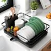 Dish Drying Rack for Kitchen Counter, Stainless Steel Sink Organization and Storage Essentials with Cutlery Holder, Home and Appartment Decor, 12''W x 15.5''L, Black