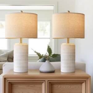Modern Ceramic Table Lamp Set of 2 for Living Room White Desk Lamps for Bedroom Farmhouse Bedside Nightstand Bedside Lamp End Table Lamps Beige