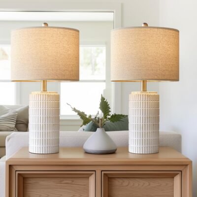 Modern Ceramic Table Lamp Set of 2 for Living Room White Desk Lamps for Bedroom Farmhouse Bedside Nightstand Bedside Lamp End Table Lamps Beige
