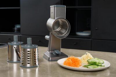 Rotary Cheese Grater, Aluminium, 3 Steel Drum Blades, Cheese, Vegetable, Chocolate, Nut, Fruit Grater with Handle, Non-Slip Suction Foot and Table Clamp, 5 Year Guarantee