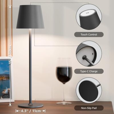 2 Pack Rechargeable Table Lamp Battery Operated Cordless Table Lamps with 3 Colors Stepless Dimming, Desk Night Light for Restaurant, Patio, Bedroom, Bar (Black)