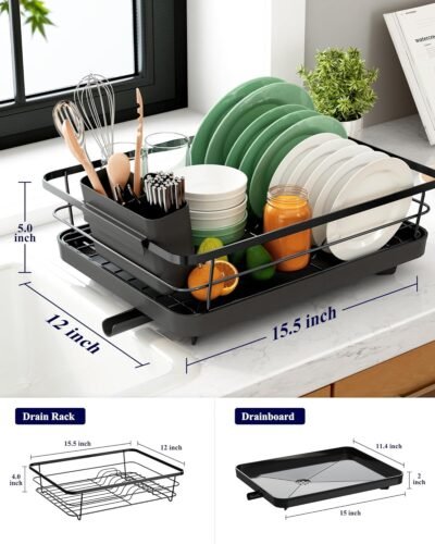 Dish Drying Rack for Kitchen Counter, Stainless Steel Sink Organization and Storage Essentials with Cutlery Holder, Home and Appartment Decor, 12''W x 15.5''L, Black