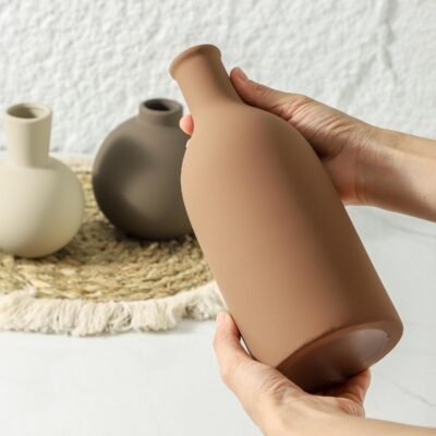 Ceramic Neutral Vases Home Decor | Rustic Flower Pottery Vases Modern Farmhouse Vase for Table Entryway Mantel Centerpiece Bookshelf Living Room Bathroom Bedroom -Brown Large