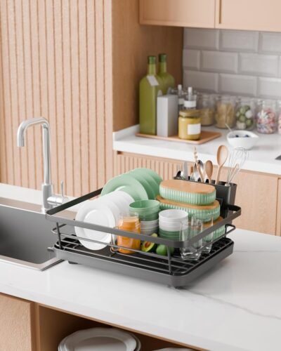 Dish Drying Rack for Kitchen Counter, Stainless Steel Sink Organization and Storage Essentials with Cutlery Holder, Home and Appartment Decor, 12''W x 15.5''L, Black