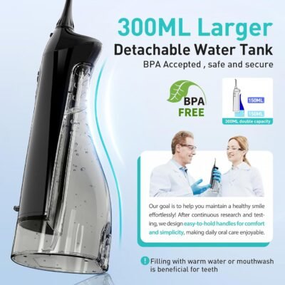 Water Dental Flosser Teeth Pick: Portable Cordless Oral Irrigator 300ML Rechargeable Travel Irrigation Cleaner IPX7 Waterproof Electric Flossing Machine for Teeth Cleaning