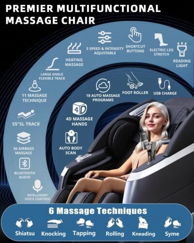 4D Full Body Massage Chair with Flexible 166° Track, Reading Light, 18 Massage Modes, 11 Techniques, 36 Airbags, Zero Gravity Recliner with Yoga Stretch and Foot Massage Black