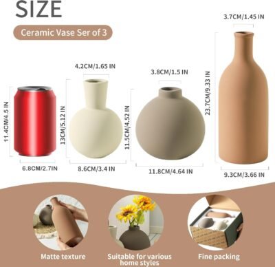 Ceramic Neutral Vases Home Decor | Rustic Flower Pottery Vases Modern Farmhouse Vase for Table Entryway Mantel Centerpiece Bookshelf Living Room Bathroom Bedroom -Brown Large