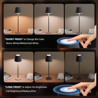 2 Pack Rechargeable Table Lamp Battery Operated Cordless Table Lamps with 3 Colors Stepless Dimming, Desk Night Light for Restaurant, Patio, Bedroom, Bar (Black)