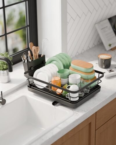 Dish Drying Rack for Kitchen Counter, Stainless Steel Sink Organization and Storage Essentials with Cutlery Holder, Home and Appartment Decor, 12''W x 15.5''L, Black