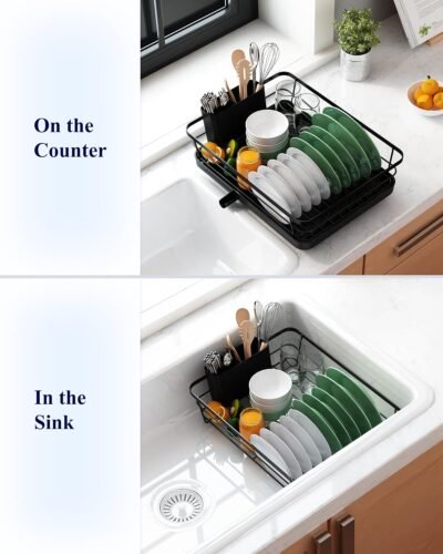 Dish Drying Rack for Kitchen Counter, Stainless Steel Sink Organization and Storage Essentials with Cutlery Holder, Home and Appartment Decor, 12''W x 15.5''L, Black