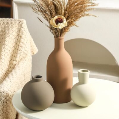 Ceramic Neutral Vases Home Decor | Rustic Flower Pottery Vases Modern Farmhouse Vase for Table Entryway Mantel Centerpiece Bookshelf Living Room Bathroom Bedroom -Brown Large