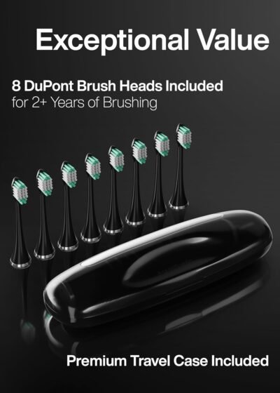 Black Series Ultra Whitening Toothbrush – ADA Accepted Electric Toothbrush- 8 Brush Heads & Travel Case – 40,000 VPM Electric Motor & Wireless Charging - 4 Modes w Smart Timer