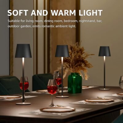 2 Pack Rechargeable Table Lamp Battery Operated Cordless Table Lamps with 3 Colors Stepless Dimming, Desk Night Light for Restaurant, Patio, Bedroom, Bar (Black)