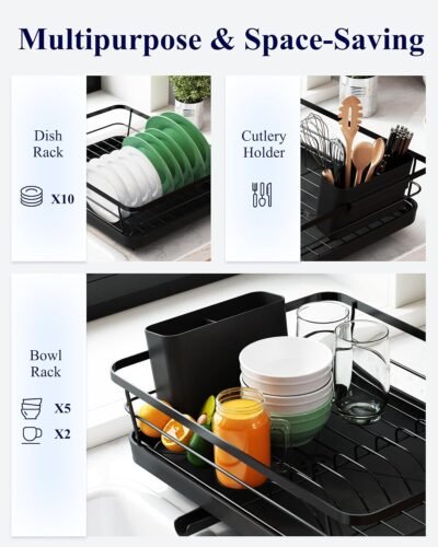 Dish Drying Rack for Kitchen Counter, Stainless Steel Sink Organization and Storage Essentials with Cutlery Holder, Home and Appartment Decor, 12''W x 15.5''L, Black
