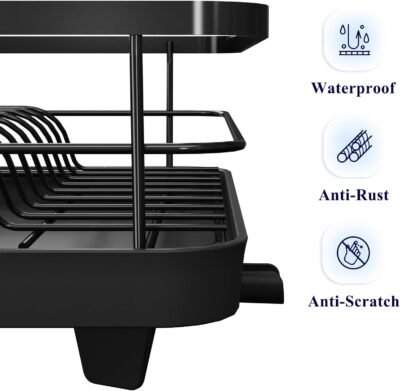 Dish Drying Rack for Kitchen Counter, Stainless Steel Sink Organization and Storage Essentials with Cutlery Holder, Home and Appartment Decor, 12''W x 15.5''L, Black
