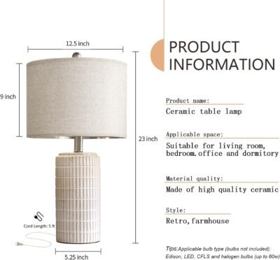 Modern Ceramic Table Lamp Set of 2 for Living Room White Desk Lamps for Bedroom Farmhouse Bedside Nightstand Bedside Lamp End Table Lamps Beige