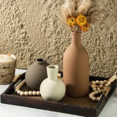 Ceramic Neutral Vases Home Decor | Rustic Flower Pottery Vases Modern Farmhouse Vase for Table Entryway Mantel Centerpiece Bookshelf Living Room Bathroom Bedroom -Brown Large