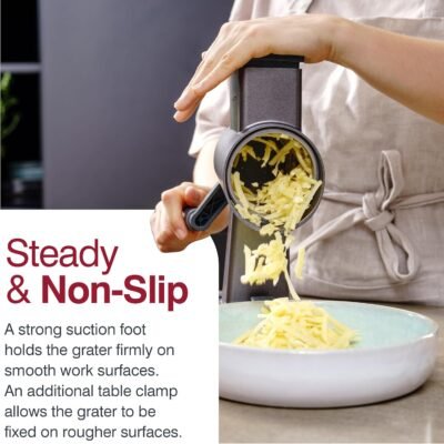 Rotary Cheese Grater, Aluminium, 3 Steel Drum Blades, Cheese, Vegetable, Chocolate, Nut, Fruit Grater with Handle, Non-Slip Suction Foot and Table Clamp, 5 Year Guarantee