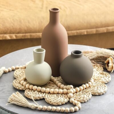 Ceramic Neutral Vases Home Decor | Rustic Flower Pottery Vases Modern Farmhouse Vase for Table Entryway Mantel Centerpiece Bookshelf Living Room Bathroom Bedroom -Brown Large