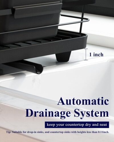 Dish Drying Rack for Kitchen Counter, Stainless Steel Sink Organization and Storage Essentials with Cutlery Holder, Home and Appartment Decor, 12''W x 15.5''L, Black