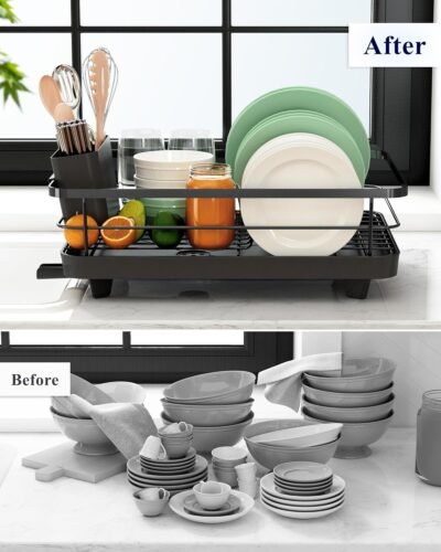 Dish Drying Rack for Kitchen Counter, Stainless Steel Sink Organization and Storage Essentials with Cutlery Holder, Home and Appartment Decor, 12''W x 15.5''L, Black