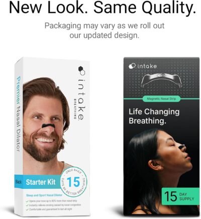 Breathing Nasal Strip Starter Kit (15 Count, Black) - Boost Oxygen Intake, Reduce Snoring, Improve Sleep Quality - Sweat Resistant, Skin Safe Nasal Strips - Extra Strength Snoring Solution