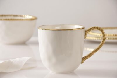 Pampa Bay Porcelain Mug, 5.75" x 3.75", 13 oz, White/Gold Tone, Oven and Dishwasher Safe, 13oz