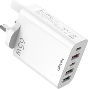 UK Ireland USB C Charger Block, LiFiYiRc 65W 6.6A 2 USB C 3 USB A Ports Plug for England Ireland Hong Kong, Type G Adapter Compatible for iPhone 16 15 14 13 12 11 Pro Max XS XR X SE Plus, Samsung