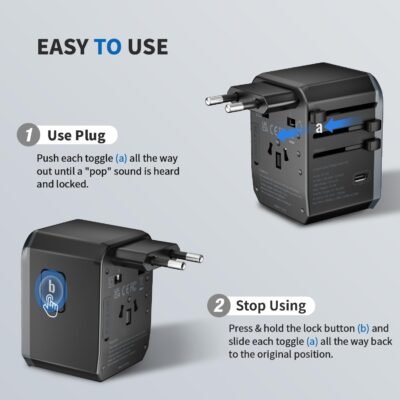 EPICKA Universal Travel Adapter, International Power Adapter with 2 USB-A & 3 USB-C Ports Wall Charger - Worldwide Travel Essentials, European Travel Plug Adapter for UK/US/AU (TA-105C, Black)