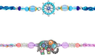 Set of 2 Rakhi for Brother – Premium Evil Eye & Elephant Rakhi Combo with Raksha Bandhan Greeting Card & Roli Chawal | Rakhi for Bhaiya & KSmall Brother | Rakhi Thread from Sister