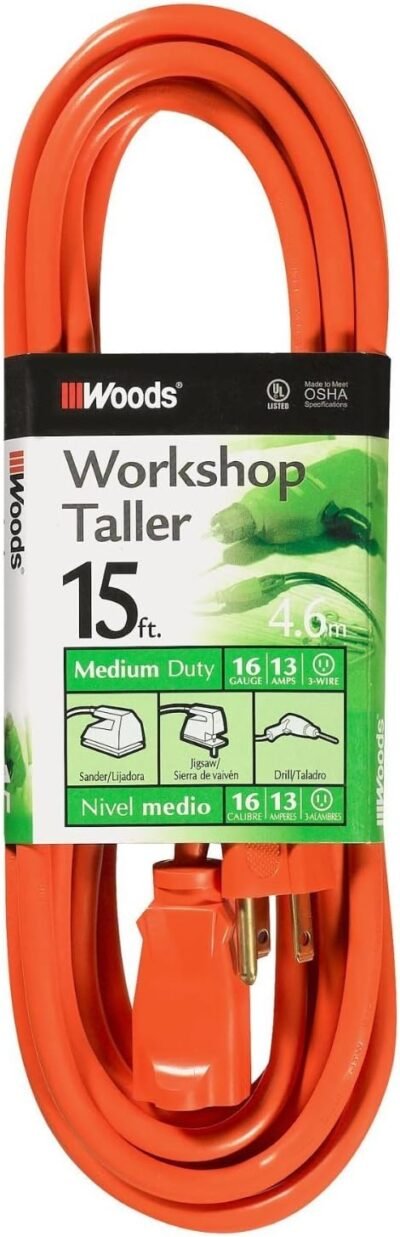 Woods Light Duty Extension Cord, 15Ft, 16 Gauge, 3 Conductor, General Purpose Cord, SJTW, Orange, 0266