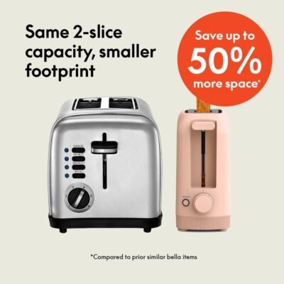 61KSmfFCyFL._AC_SL1080_.jpg bella 2 Slice Slim Toaster, Fits-anywhere™ Kitchenware, 6 Setting Shade Control with Reheat & Cancel Buttons, Fits sourdough, 10” Long Slot, Anti Jam & Auto Shutoff, 900 Watt, Blossom