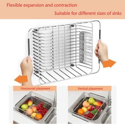 61Nw26QqcL._AC_SL1000_.jpg Stainless Steel Dish Drying Rack(15.2"L X 11"W X 5.3"H), Expandable Fruit & Vegetable Drain Rack over Sink, Dish Drainer Rack in Sink, with Stainless Steel Utensil Holder & Silicone Mat(16")