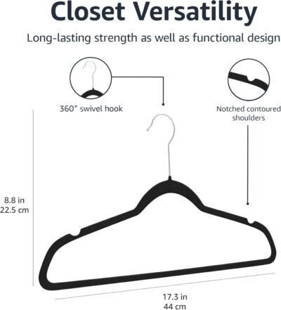 Amazon Basics Slim, Velvet, Non-Slip Suit Clothes Hangers, Pack of 50, Black