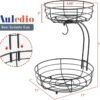 Auledio Iron 2-Tier Countertop Fruit Vegetables Basket Bowl Storage With Banana Hanger, Black, 64 ounces