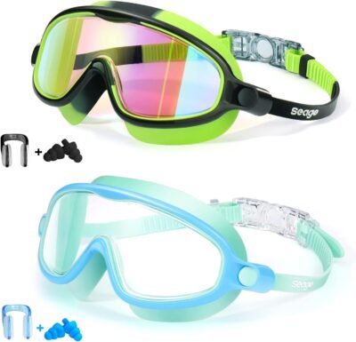 Seago Swim Goggles 2 Pack Anti-Fog Anti-UV Wide View Swimming Goggles for Kids 3-14