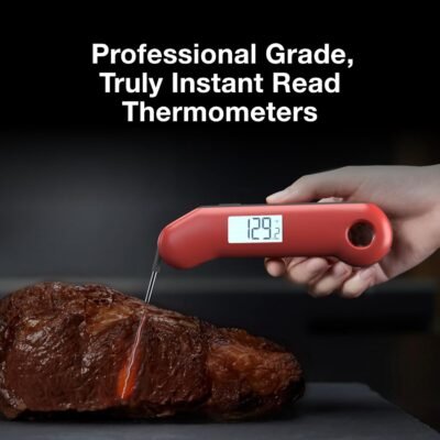 ProfessionaI Meat Thermometer Digital, 3X Faster 0.5 Sec Instant Read, NIST Certified Accuracy ±0.5°F, 100% Waterproof Probe, Auto-Rotate Bright Indicator, for Candy/Grill/BBQ, Red & Gray
