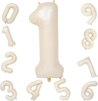 40 Inch Beige Number 1 Balloon for 1st Birthday Decoration, Large Self Inflating Cream Foil Number Balloons 0-9 for Boys Girls, White Sand 1 Helium Balloons for Women Men Party Anniversary Supplies