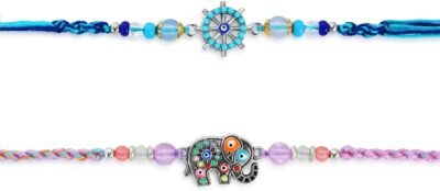 Set of 2 Rakhi for Brother – Premium Evil Eye & Elephant Rakhi Combo with Raksha Bandhan Greeting Card & Roli Chawal | Rakhi for Bhaiya & KSmall Brother | Rakhi Thread from Sister