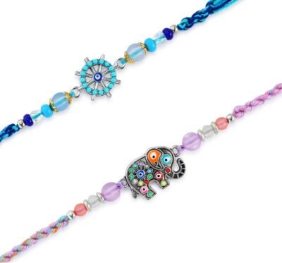 Set of 2 Rakhi for Brother – Premium Evil Eye & Elephant Rakhi Combo with Raksha Bandhan Greeting Card & Roli Chawal | Rakhi for Bhaiya & KSmall Brother | Rakhi Thread from Sister