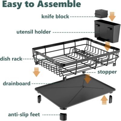 Iron Dish Drying Rack with Drainboard Dish Drainers for Kitchen Counter Extendable Spout Strainers with Utensil Holder and Knife Slots, Black