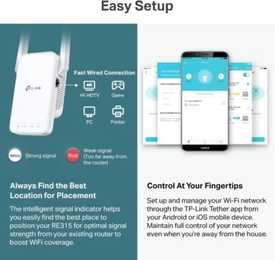 TP-Link AC1200 WiFi Extender, 2025 Wirecutter Best WiFi Extender, 1.2Gbps Home Signal Booster, Dual Band 5GHz/2.4GHz, Up to 1600 Sq.ft and 32 Devices, EasyMesh Compatible, One Ethernet Port (RE315)