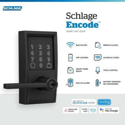 Schlage FE789WBCEN622LAT Encode Century WiFi Latitude Lever Smart Keyless Entry Touchscreen Door Lock, Matte Black