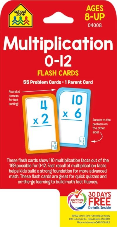 713C7riGUAL._SL1500_.jpg School Zone Multiplication 0-12 Flash Cards: 56 Math Cards, 3rd Grade, 4th Grade, Elementary Math, Multiplication Facts, Common Core, Ages 8+, Packaging May Vary