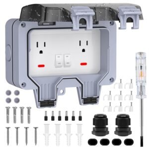 Double Outdoor Outlet with Cover Waterproof Outdside Plug Socket IP66 Weatherproof Exterior Wall Electrical Box with Switch Indicator Light Screwdriver 2-Gang Power Outlet for Wet Garden Swimming Pool