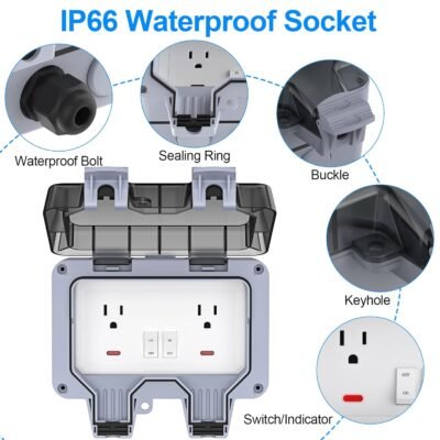 Double Outdoor Outlet with Cover Waterproof Outdside Plug Socket IP66 Weatherproof Exterior Wall Electrical Box with Switch Indicator Light Screwdriver 2-Gang Power Outlet for Wet Garden Swimming Pool