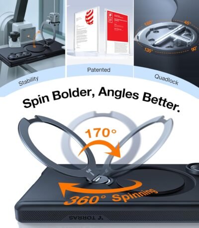 TORRAS 360 Spin Magnetic Stand for Galaxy Z Fold 7 Case, MIL-Grade Hinge Protection, Fit for Magsafe, 360 Kickstand & Ring Holder, Armor Hard Slim Case for Samsung Galaxy Z Fold 7, Black