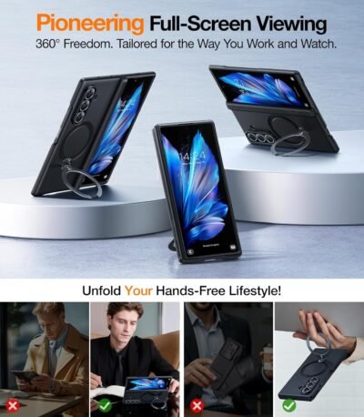 TORRAS 360 Spin Magnetic Stand for Galaxy Z Fold 7 Case, MIL-Grade Hinge Protection, Fit for Magsafe, 360 Kickstand & Ring Holder, Armor Hard Slim Case for Samsung Galaxy Z Fold 7, Black