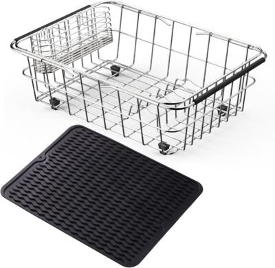 718VHRpburL._AC_SL1500_.jpg Stainless Steel Dish Drying Rack(15.2"L X 11"W X 5.3"H), Expandable Fruit & Vegetable Drain Rack over Sink, Dish Drainer Rack in Sink, with Stainless Steel Utensil Holder & Silicone Mat(16")
